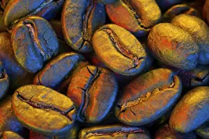 Close View Of Coffee Beans Prints: Macro of coffee beans with the effect of colored light