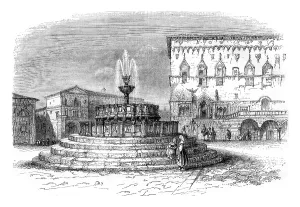 Prints of The main square of Perugia, a city of the ecclesiastical state, vintage engraved illustration. Magasin Pittoresque 1845 Perugia Prints: Vintage Print of Perugia's Main Square, 1845