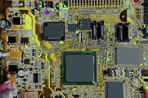 Macro Electronic Components Prints: Mainboard computer hardware electronics macro detail with color manipulation
