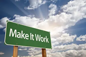 Cloudy Sky With Sun Rays Prints: Make it work green road sign with dramatic clouds