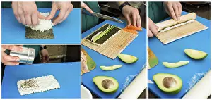 Appetizing Japanese Cuisine Prints: Making sushi. Blue base background