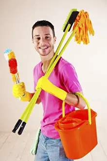 Prints of Man with cleaning supplies, Mannheim, Baden-Wurttemberg, Germany Man with cleaning supplies, Mannheim, Baden-Wrttemberg, Germany Mannheim Prints: Man with Cleaning Supplies Print, Mannheim, Germany