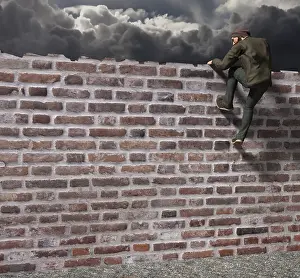 Deserted Landscape Image Prints: Man climbing over a wall, Computer Graphic