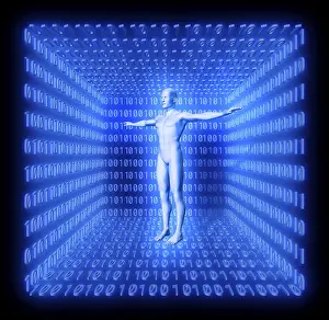 Computer Graphic Image Prints: Man in a futuristic room made from binary code