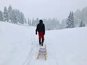 Snowy Landscape Germany Prints: Man pulling a sledge through the snow
