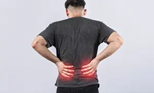 Physical Fitness Concept Image Prints: Man with spine problems, person with back problems on isolated background