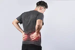 Body Aches Prints: Man with spine problems, person with back problems on isolated background