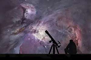 Orion Nebula Prints: Man with telescope looking at the stars