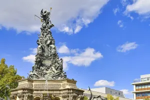 Prints of Mannheim, Germany, September 2020: Sculptures at top of fountain called Grupello Pyramid with sculptures in square called Paradeplatz in city center of Mannheim Mannheim Prints: Mannheim, Germany: Grupello Pyramid Fountain Print