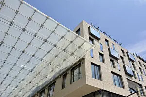 Empty Urban Environment Photoshoots Prints: Mannheim, Germany, July 2019: Glass roof connecting buildings of big shopping center called Q6 Q7 in Mannheim city