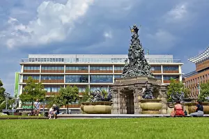 Prints of Mannheim, Germany, August 2019: Fountain called Grupello Pyramid with sculptures in small park at square called Paradeplatz in city center of Mannheim on a sunny day Mannheim, Germany Mannheim Prints: Mannheim, Germany Print: Grupello Pyramid Fountain at Paradeplatz