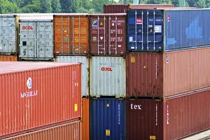 Prints of Mannheim, Germany, July 2019: Different colorful big industrial crates at inland port at Neckar river Mannheim Prints: Mannheim Inland Port Print, July 2019
