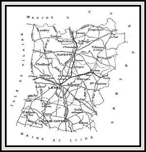 Prints of Map of the department of Mayenne, vintage engraved illustration. Journal des Voyages, Travel Journal, (1879-80) Mayenne Prints: Vintage Print of Mayenne Department Map (1879-80)
