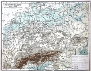 Germany Map with Elevation Data, 1880 Print