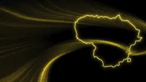 European Country Maps Prints: Map of Lithuania, Gold glitter map on dark background