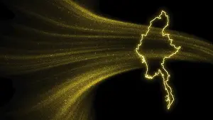 Dark Background Map Prints: Map of Myanmar, Gold glitter map on dark background