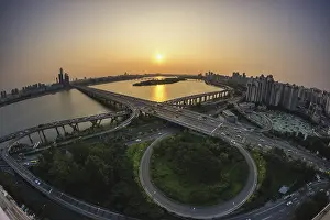 Prints of Mapo bridge view from top of a building, sunset shining on the traffic during rushhour in seoul, south korea, Seoul, South Korea Seoul Prints: Mapo Bridge Print: Seoul, South Korea Sunset Rushhour Scene
