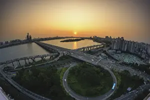 Seoul Cityscape At Sunset Prints: Mapo bridge view from top of a building