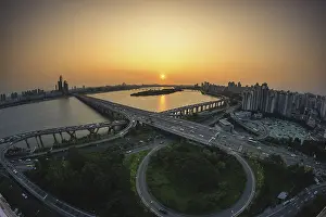 Prints of Mapo bridge view from top of a building, sunset shining on the traffic during rushhour in seoul, south korea, Seoul, South Korea South Korea Prints: Mapo Bridge View Print, Seoul, South Korea