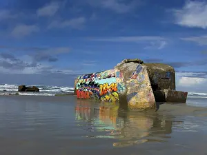 Prints of Marauder bunker of the German Atlantic Wall on the beach, sprayed with graffiti, Cap-Sizun, Departement Finistere, Brittany, France Marauder bunker of the German Atlantic Wall on the beach Contemporary Art Prints: Marauder Bunker Print, Cap-Sizun, Brittany, France