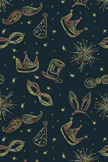 Starry Night Sky Picture Prints: Mardi Gras pattern, vector illustration with fireworks