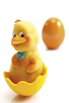 Christian Easter Traditions Prints: Marzipan chick in yellow plastic egg shell
