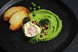 Homemade Breakfast Ideas Prints: Mashed peas, with boiled egg, fried bacon