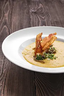 Vegetarian Lunch Options Prints: Mashed pumpkin soup puree with bacon