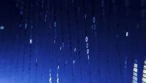 Digital Technology Prints: A 3D rendered illustration of binary code floating across a gradient blue background