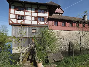 Medieval Castle Switzerland Prints: Medieval castle with half-timbered structure with red and white structure