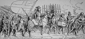 Middle Ages History Prints: Mercenaries attacking, Middle Ages