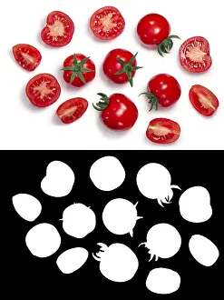 Top View Of Tomatoes Prints: Middle globe tomatoes, whole and sliced