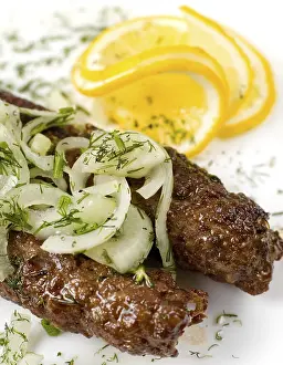 Skewered Meat Products Prints: Minced mutton chops fried on skewers, macro