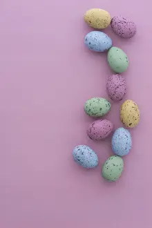 Colourful Backgrounds Prints: Mini speckled easter eggs from above on colourful backgrounds