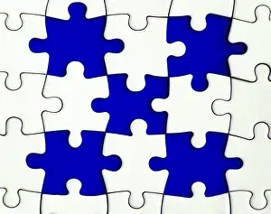 Customizable Space For Text Prints: Missing jigsaw puzzle on blue background with customizable space for text or ideas