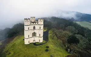 Prints of Misty morning over Haldon Belvedere from a drone, Lawrence Castle, Higher Ashton, Exeter, Devon, England, United Kingdom Exeter Prints: Misty Morning Print: Haldon Belvedere, Devon, England