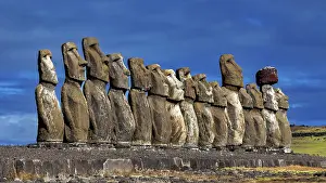 Easter Island Moai Statues Prints: Moai statue row against a dramatic blue sky on Easter Island