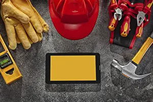 Black Background Flat Lay Prints: Mock Up Smartphone And Construction Tools