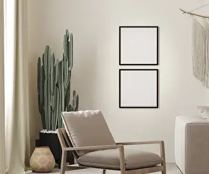 Scandinavian Interior Design Prints: Mock up two square poster frames in boho interior background with beige wall