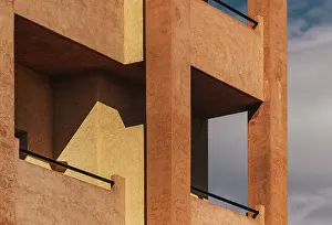 Minimalist Architectural Style Prints: Modern architectural facade featuring geometric patterns and warm