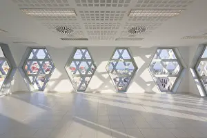 Modern Cityscape Prints: A modern auditorium room featuring hexagonal windows