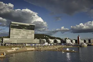 Scandinavian Urban Landscape Prints: Modern building on the beach with dramatic clouds in the sky