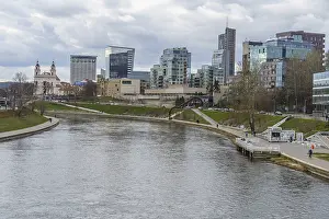 Prints of Modern city view with skyscrapers along a river, Vilnius, Lithuania, Baltic States Vilnius Prints: Modern City View Print - Vilnius, Lithuania