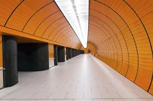 Deserted Subway Station Prints: Modern underground corridor interior with ceiling light