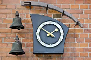 Prints of Modern wall clock and two bells, Copenhagen, Denmark Copenhagen Prints: Modern Wall Clock and Two Bells Print, Copenhagen