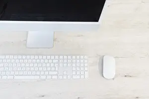 Office Interior Design Prints: Modern workplace with desktop computer, top view
