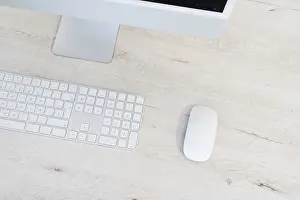 Empty Office Space Design Prints: Modern workplace with desktop computer, top view