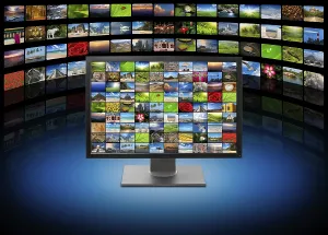 Deserted Computer Setup Prints: Monitor with images on multimedia background