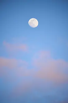 Deserted Sunset Scene Prints: Moon at sunset, evening, clouds