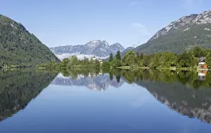 Prints of Morning atmosphere, reflection, Grundlsee Castle in the morning light, Grundlsee, panoramic shot, Salzkammergut, Styria, Austria Related Prints: Grundlsee Castle Morning Light Panoramic Print